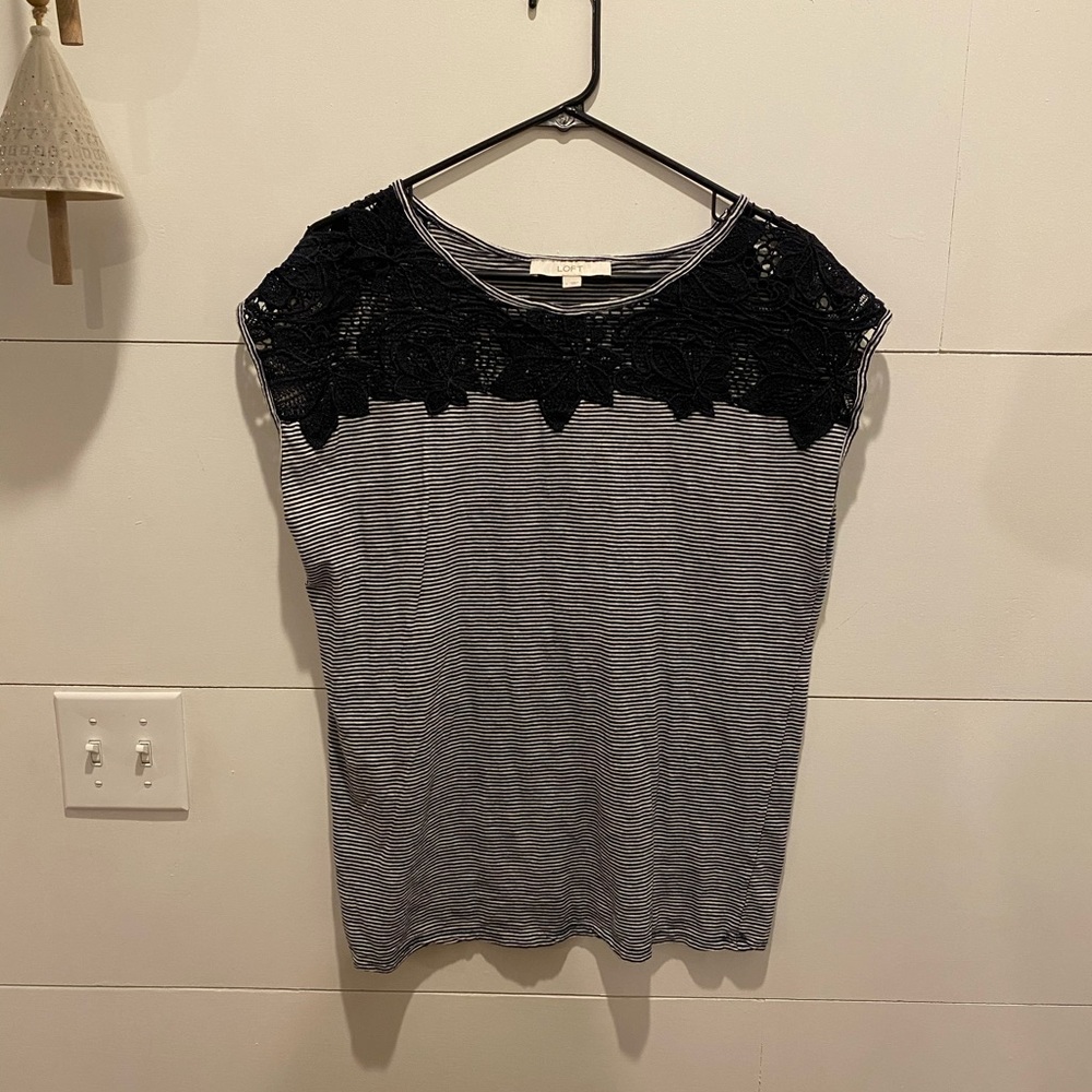 Loft Lace Striped Navy Tee